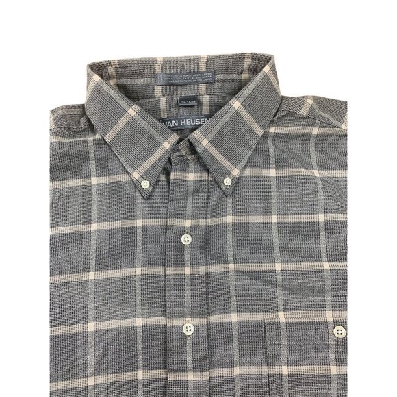 Van Heusen Mens Top Button Up Long Sleeve Gray Plaid Dress Shirt Size 17.5 32/33 - Picture 3 of 14